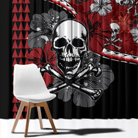 Halloween curtain close-up: large skull graphic on red-and-black hibiscus design