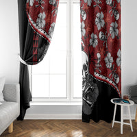 Hibiscus skull Halloween curtain panels in red and black beside a window