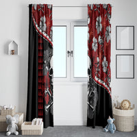 Pair of red and black Halloween window curtains with skull and hibiscus print