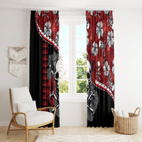 Red and black Halloween curtain set with skull and hibiscus motifs, hanging on poles