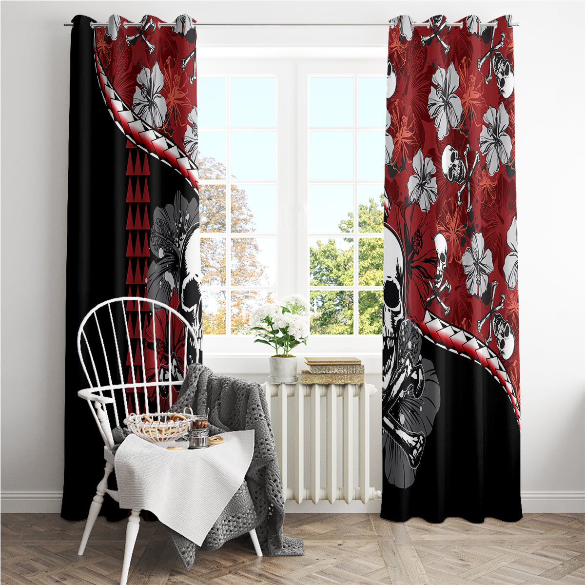 Tall red and black Halloween curtain with hibiscus skull print in front of patio door