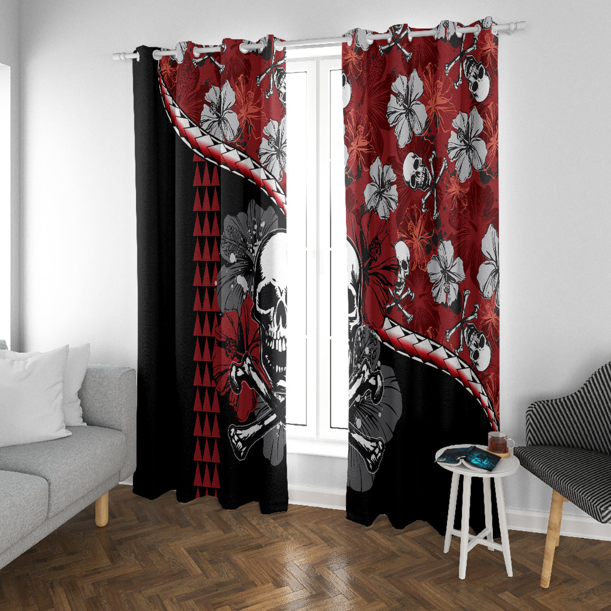Two red-and-black Halloween curtain panels with skull and hibiscus graphics