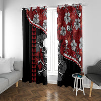 Two red-and-black Halloween curtain panels with skull and hibiscus graphics