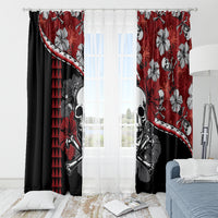 Red and black Halloween window curtain pair with skull and hibiscus print on rings