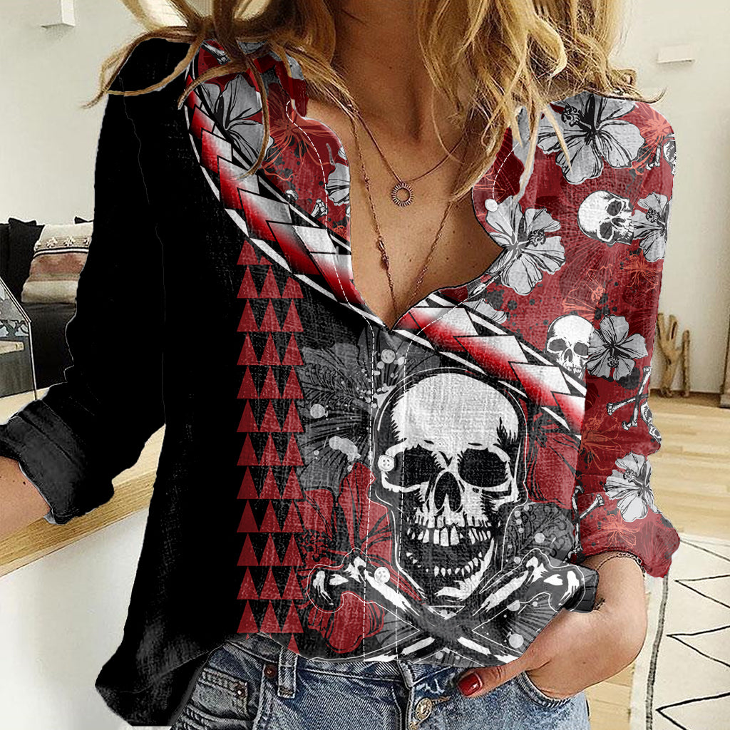 hawaii-halloween-women-casual-shirt-hibiscus-skull-kakau-pattern