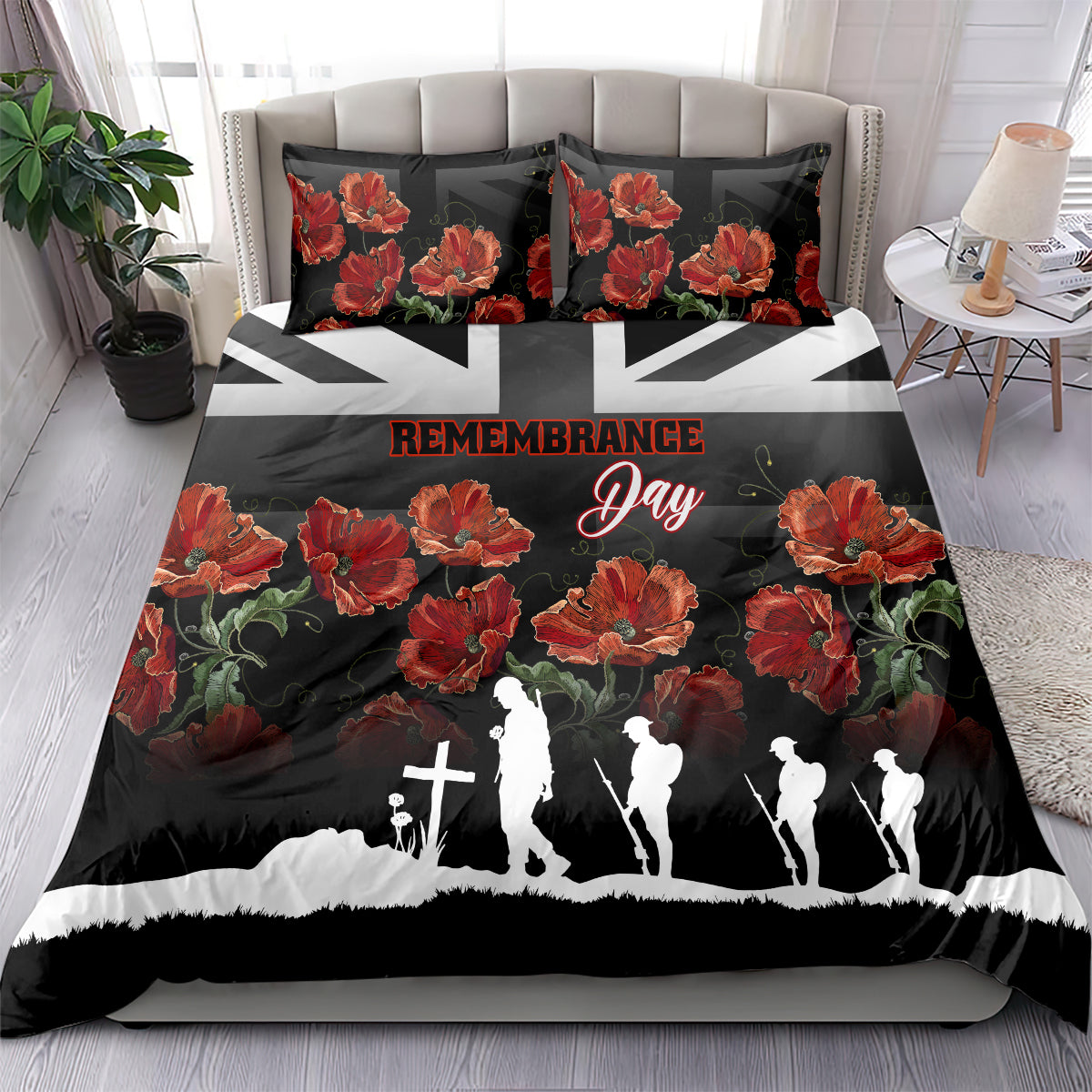 Black duvet bedding set with red poppies, Remembrance Day text, and white figure silhouettes