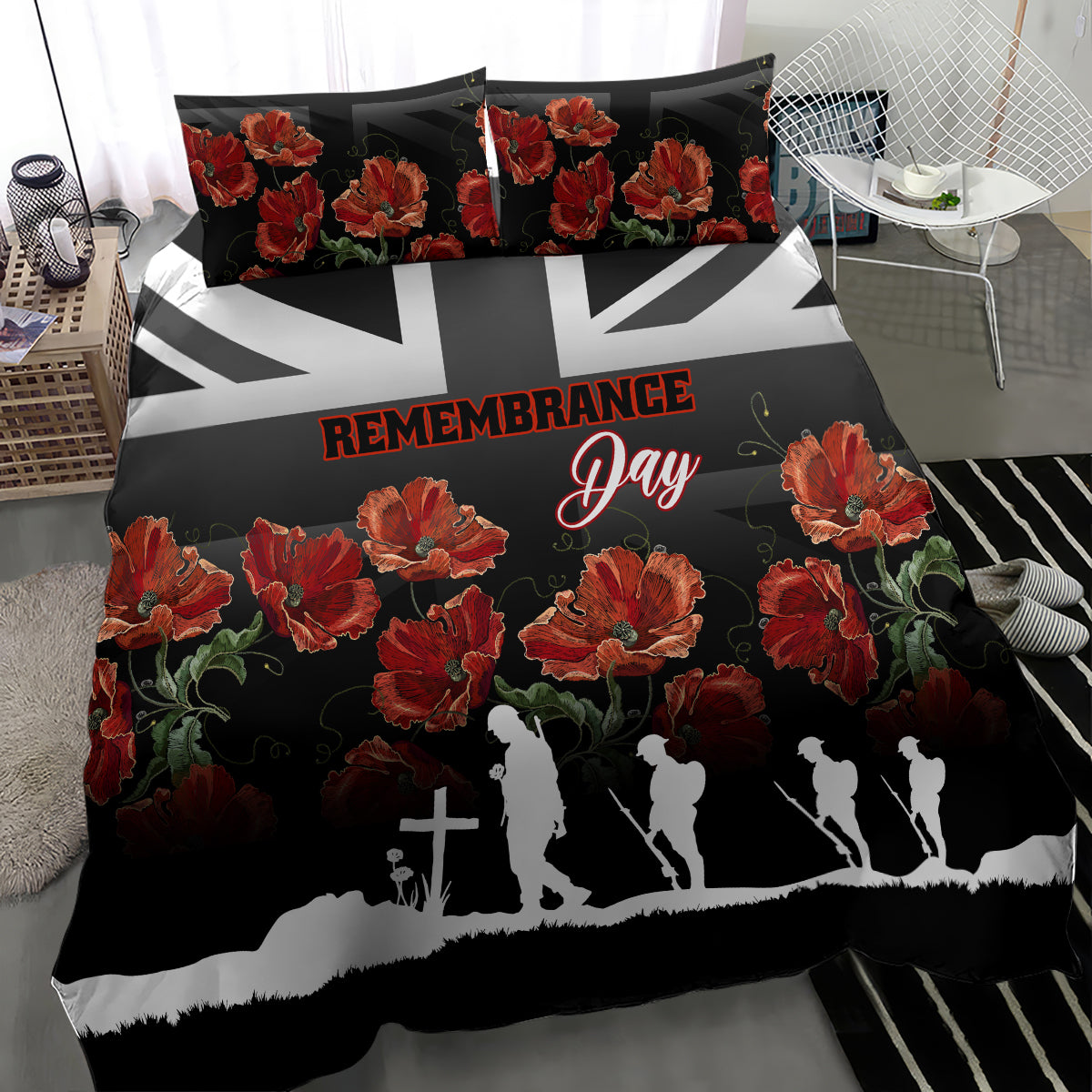 Black bedding set with large red poppies, Remembrance Day script, and white soldier silhouettes