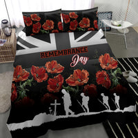 Black bedding set with large red poppies, Remembrance Day script, and white soldier silhouettes