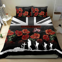 Black bedding set with red poppy pattern, Remembrance Day wording, and white silhouettes