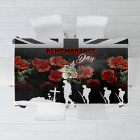 Black Remembrance Day tablecloth with red poppies and soldier silhouettes