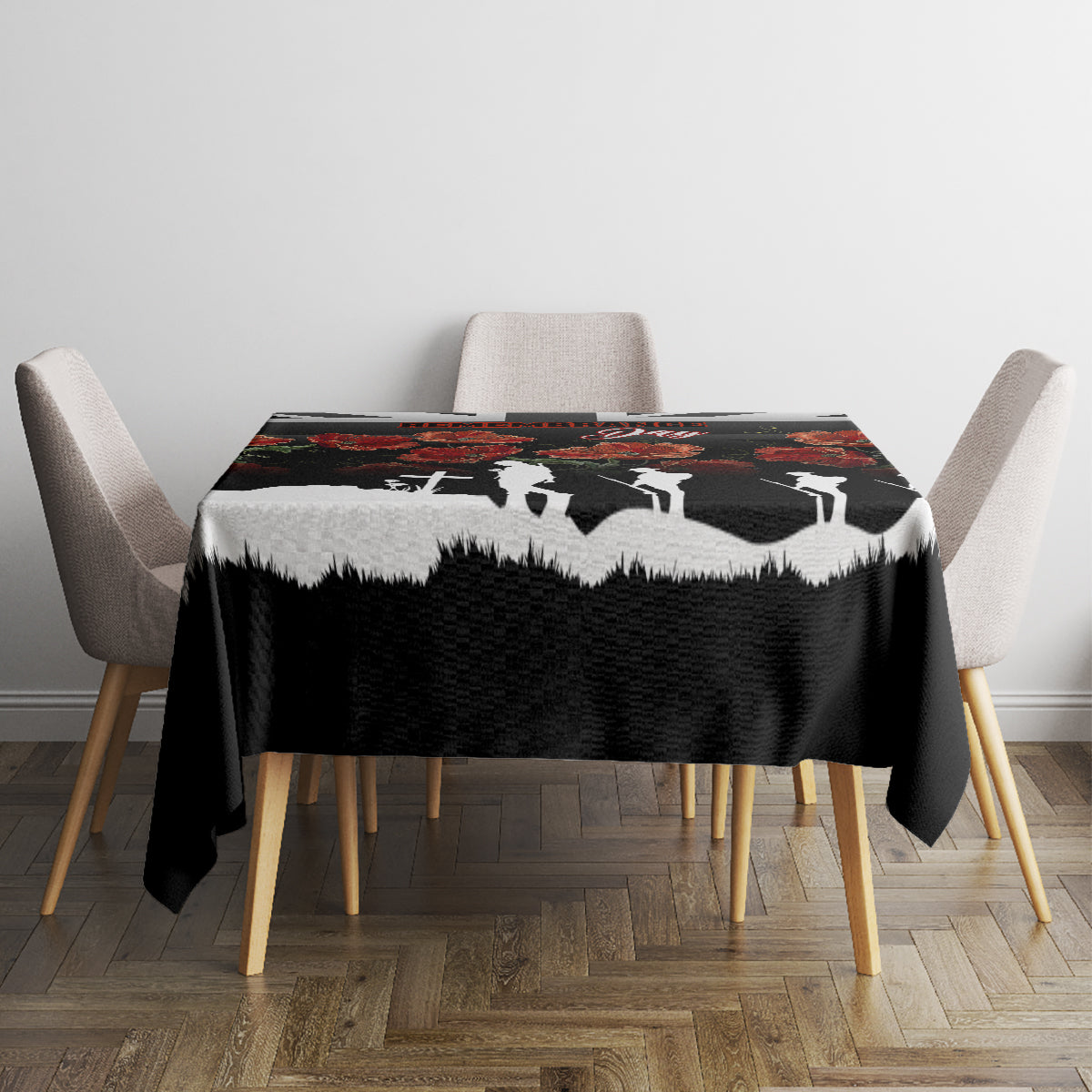 Black tablecloth on dining table with white silhouette scene and poppy flowers