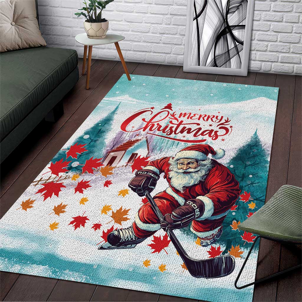 Mint Christmas area rug with Santa playing hockey and red "Merry Christmas" text