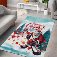Mint Christmas area rug featuring Santa with hockey stick and red maple-leaf border