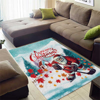 Mint Christmas area rug with Santa skating and "Merry Christmas" script over scattered leaves
