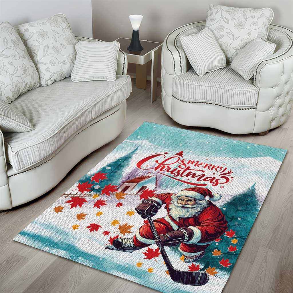 Mint Christmas area rug with Santa playing hockey, red "Merry Christmas" lettering