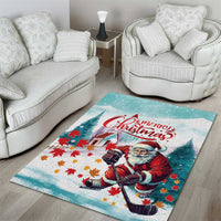 Mint Christmas area rug with Santa playing hockey, red "Merry Christmas" lettering