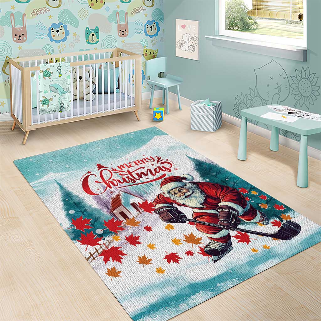 Mint Christmas area rug with Santa hockey player, red "Merry Christmas" and autumn leaves