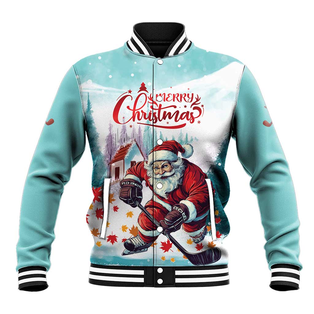 Mint bomber varsity jacket with striped collar and Santa playing hockey graphic