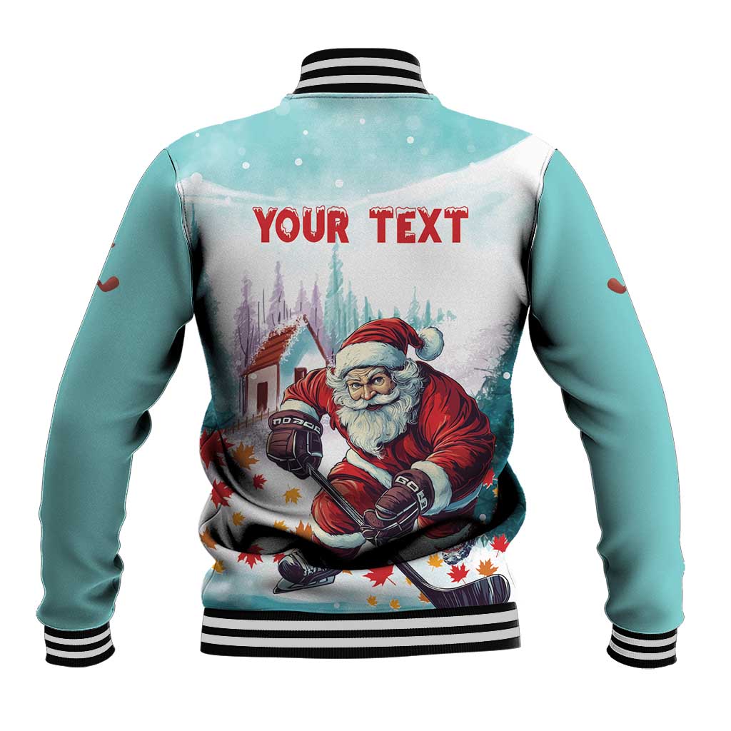 Mint bomber varsity jacket back with Santa hockey graphic and 'YOUR TEXT'