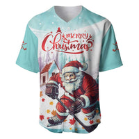 Mint baseball jersey with Santa hockey graphic and 'Merry Christmas' text on front