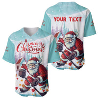 Set of mint baseball jerseys with Santa hockey front and 'YOUR TEXT' back