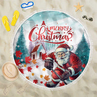 Mint round Christmas beach blanket with fringed edge and Santa graphic