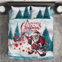 Mint Christmas bedding set: Santa playing hockey on duvet and two matching pillowcases