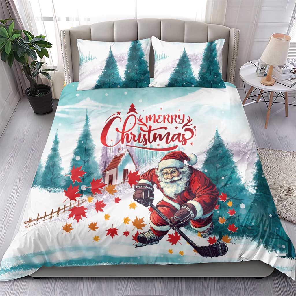 Mint Christmas bedding set with Santa playing hockey and 'Merry Christmas' on duvet