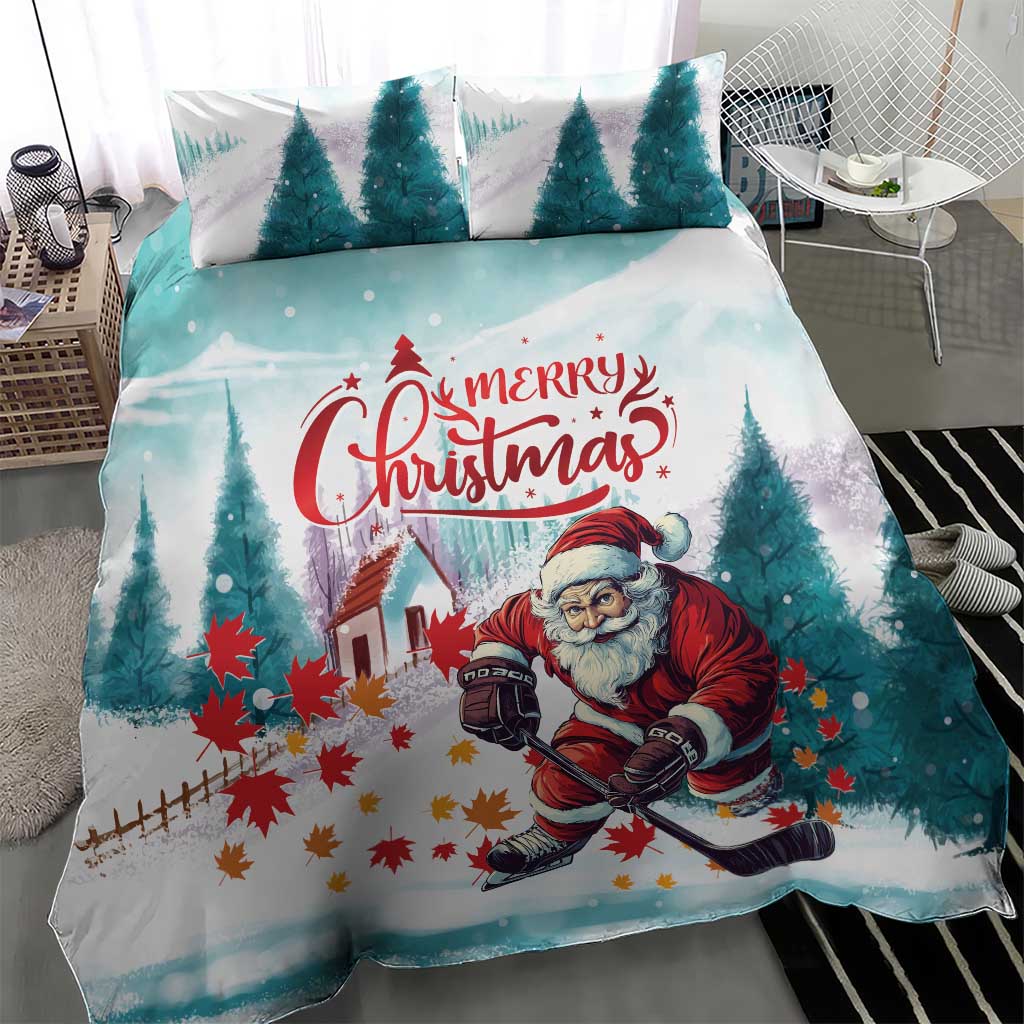 Mint Christmas bedding set with Santa playing hockey, festive trees and leaves on duvet
