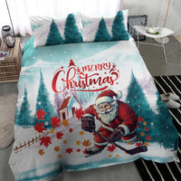 Mint Christmas bedding set with Santa playing hockey, festive trees and leaves on duvet