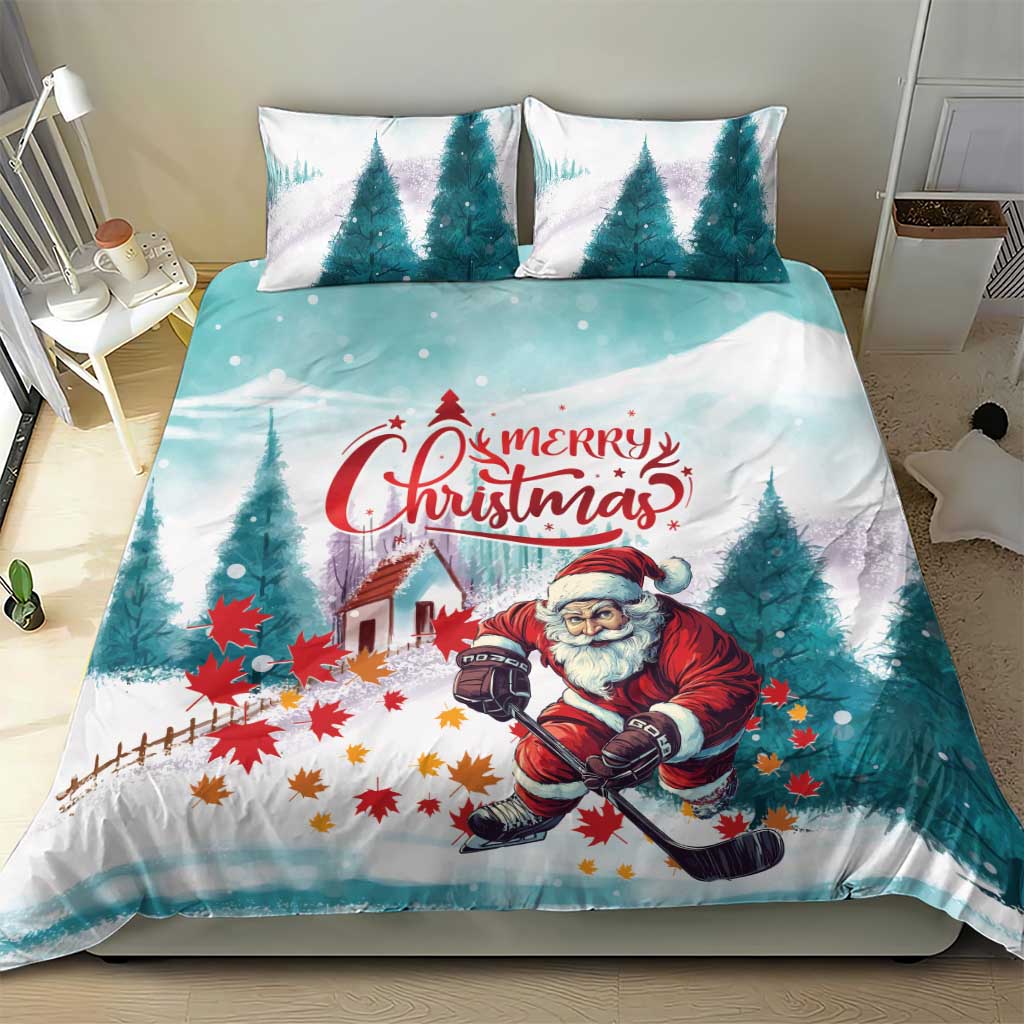 Mint Christmas bedding set with Santa playing hockey and 'Merry Christmas' on full duvet