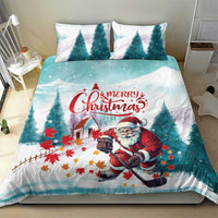 Mint Christmas bedding set with Santa playing hockey and 'Merry Christmas' on full duvet
