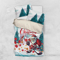Mint Christmas bedding set with Santa playing hockey on duvet and two pillowcases