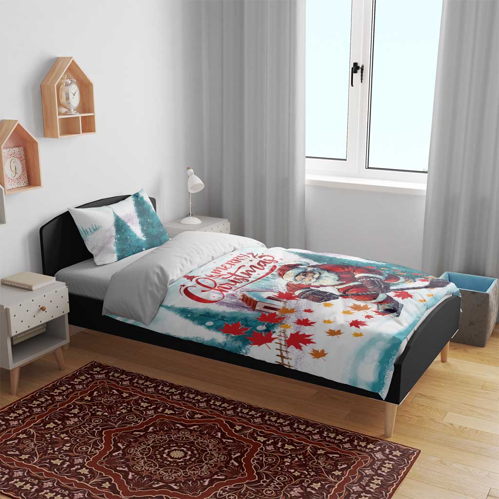 Mint Christmas bedding set on bed: Santa playing hockey scene with trees on duvet