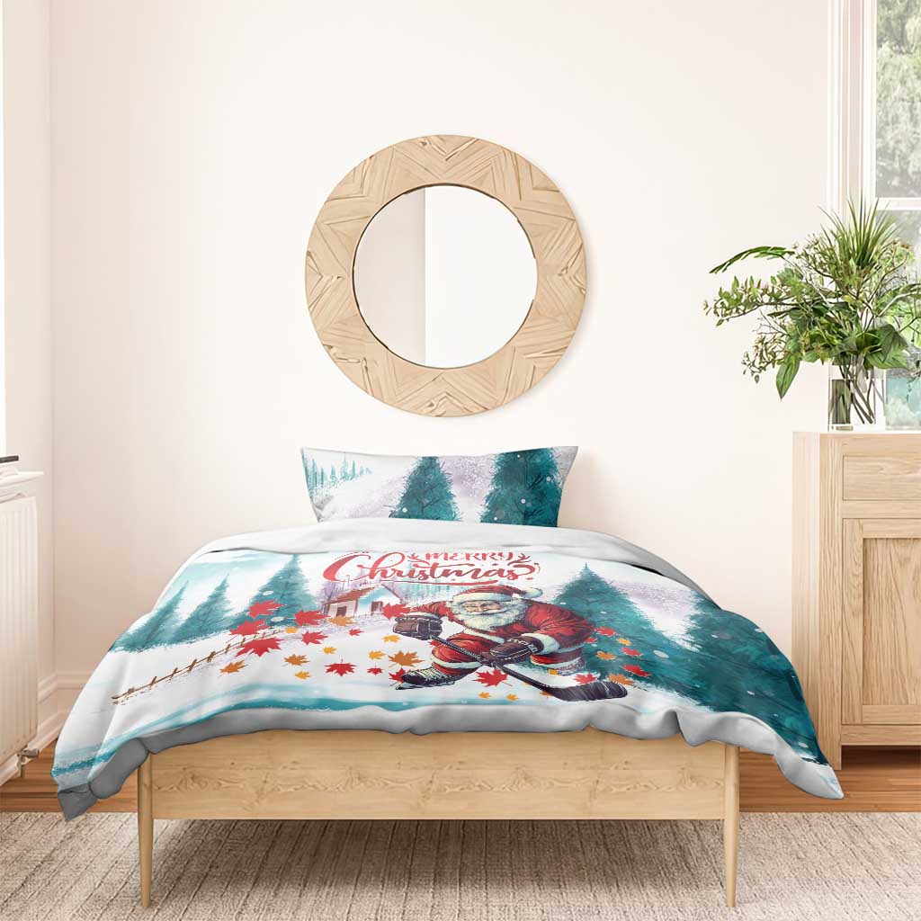Mint Christmas bedding set with Santa playing hockey on duvet, trees and colorful leaves