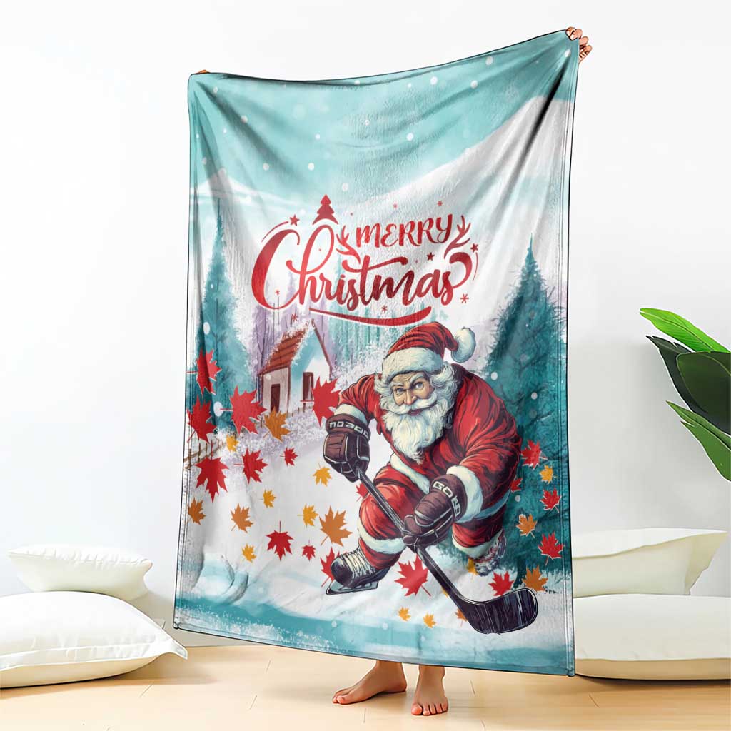 Teal Christmas blanket with “Merry Christmas” text, Santa skating, and red leaf accents