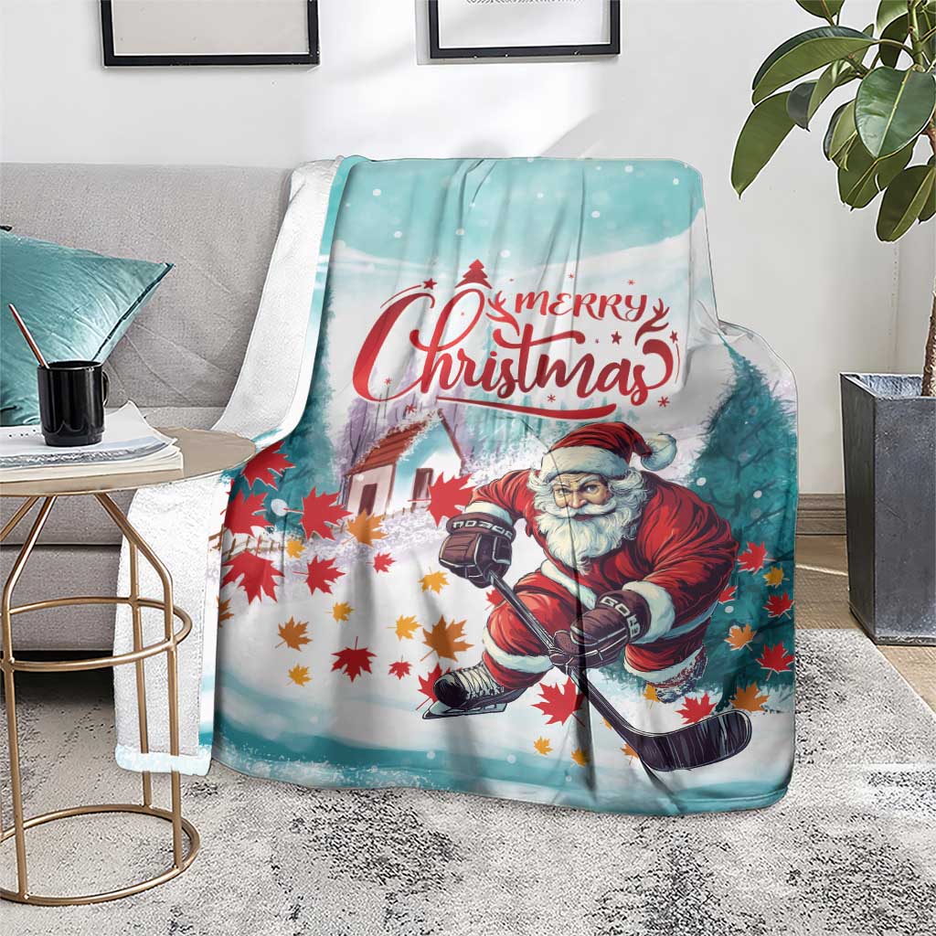 Teal Christmas blanket on a rug with Santa skiing and multicolored autumn leaves