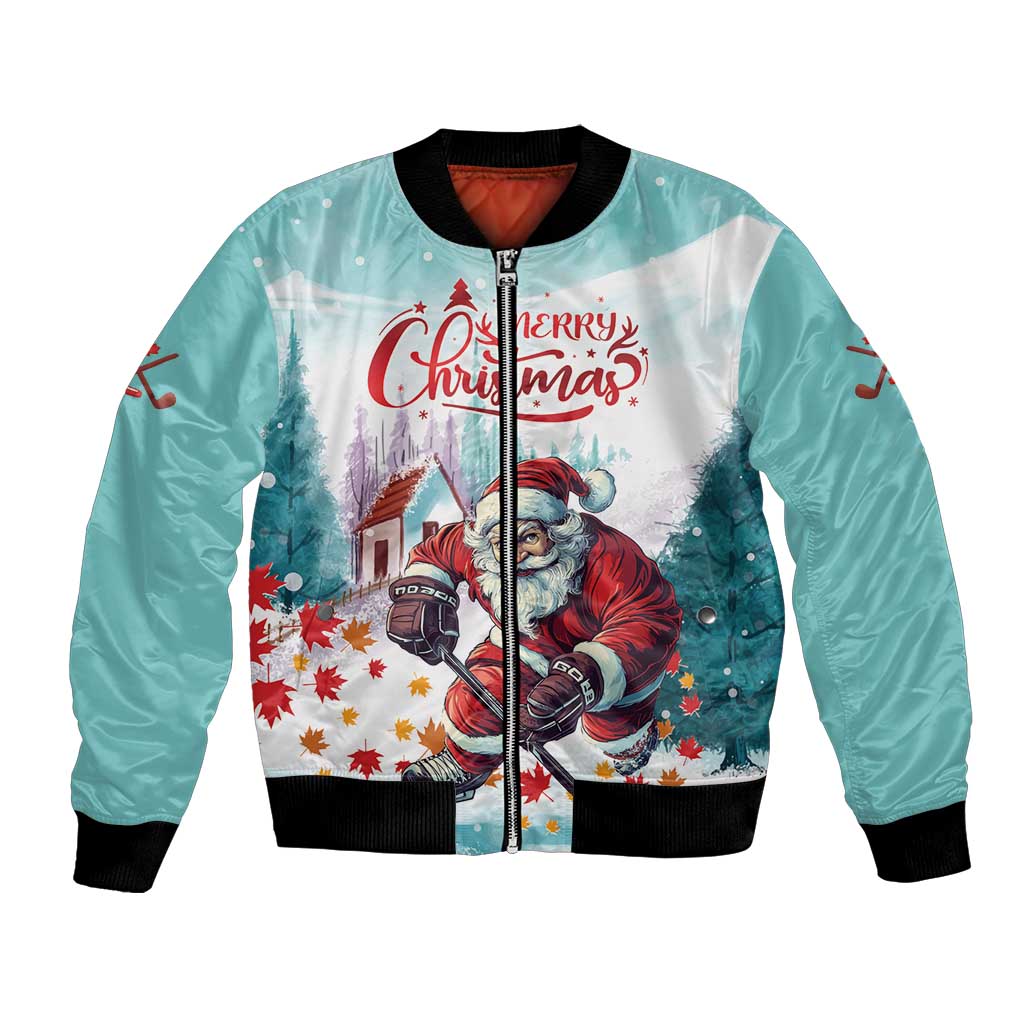 Mint bomber jacket with full-zip front, black rib trim, Santa playing hockey graphic
