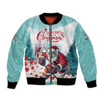Mint bomber jacket with full-zip front, black rib trim, Santa playing hockey graphic