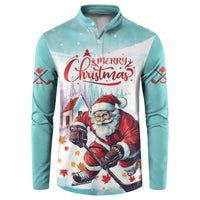 Mint button-up sweatshirt with Santa hockey graphic and Merry Christmas text
