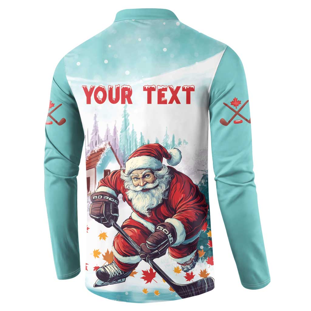 Mint button-up sweatshirt back print with 'YOUR TEXT' and Santa hockey scene