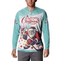 Mint button-up sweatshirt with Merry Christmas Santa hockey graphic on the front