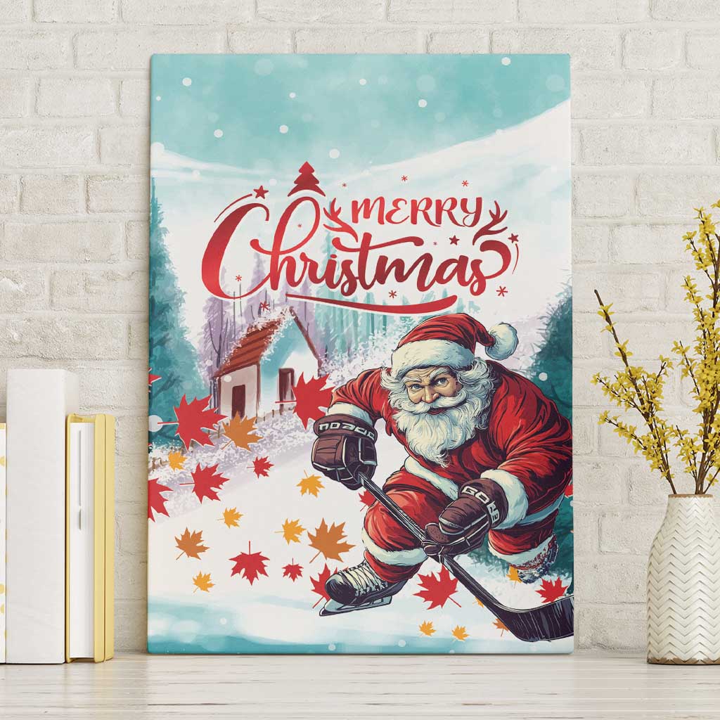 Mint canvas wall art with Santa playing ice hockey and "Merry Christmas" text