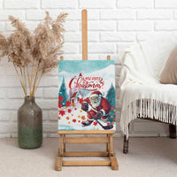 Mint canvas wall art of Santa playing hockey with multicolor fall leaves and "Merry Christmas"