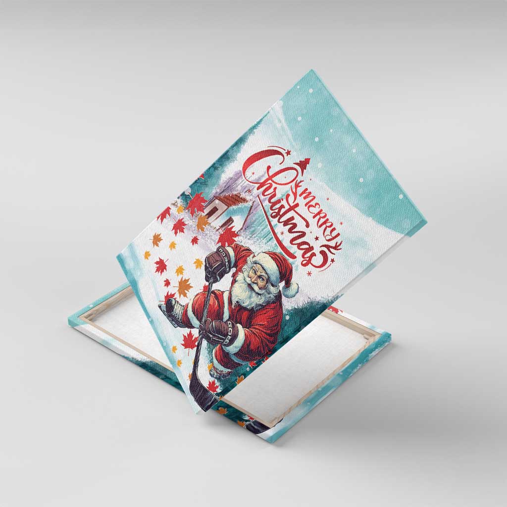 Mint canvas wall art tilted view featuring Santa playing hockey and "Merry Christmas"