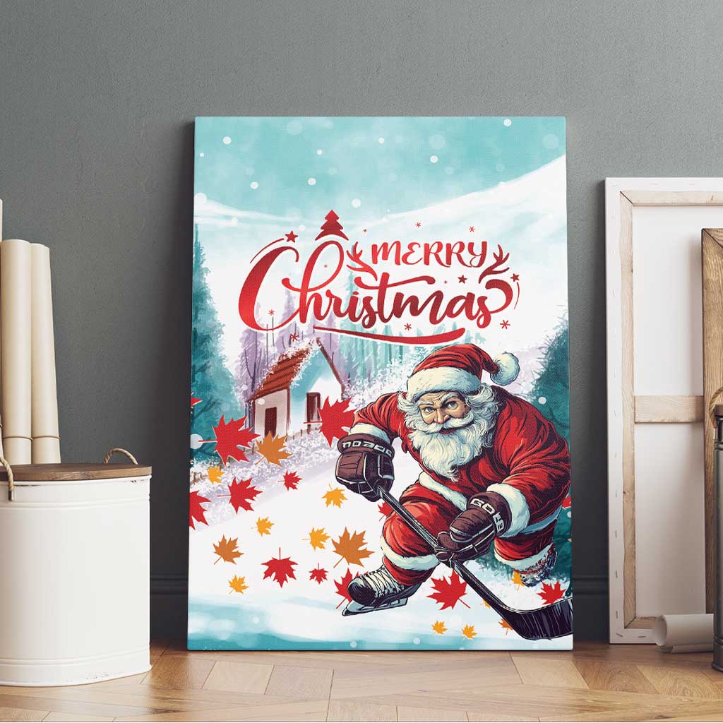 Mint canvas wall art featuring Santa playing ice hockey and the words "Merry Christmas"