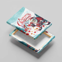 Mint canvas print of Santa playing hockey, mounted on a light wood stand, "Merry Christmas"