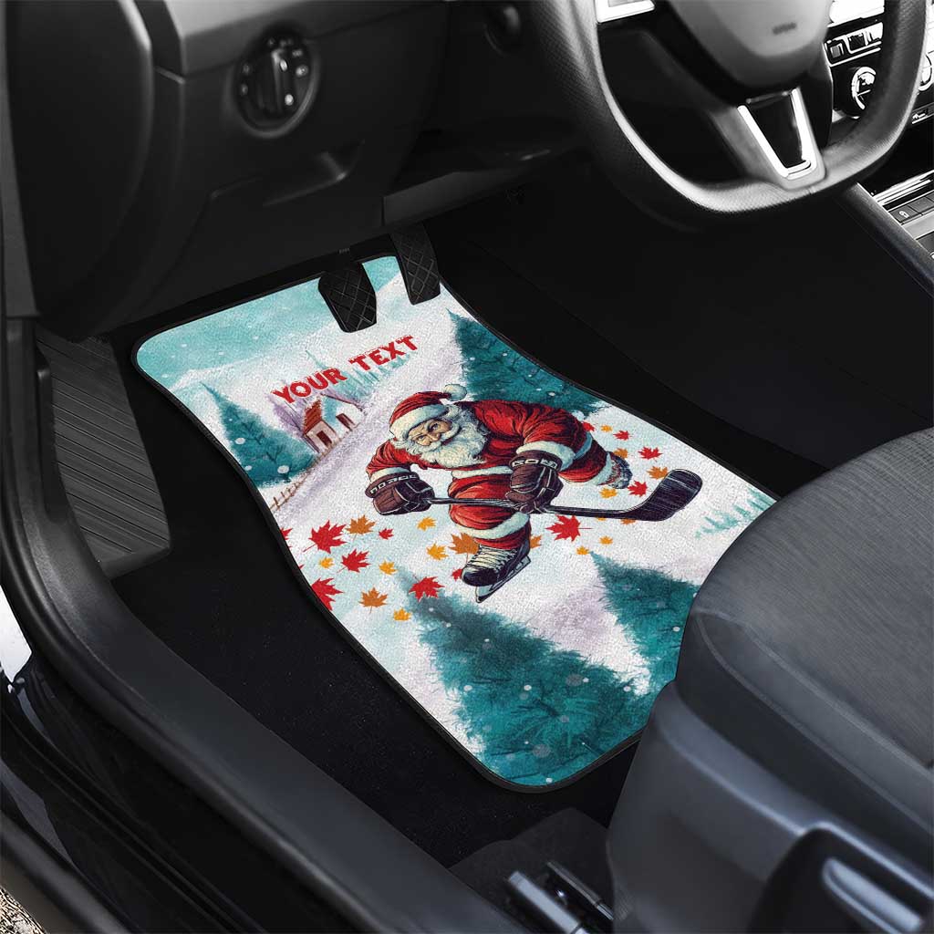 Mint driver-side car mat with Santa hockey scene and red "YOUR TEXT" on dark upholstery