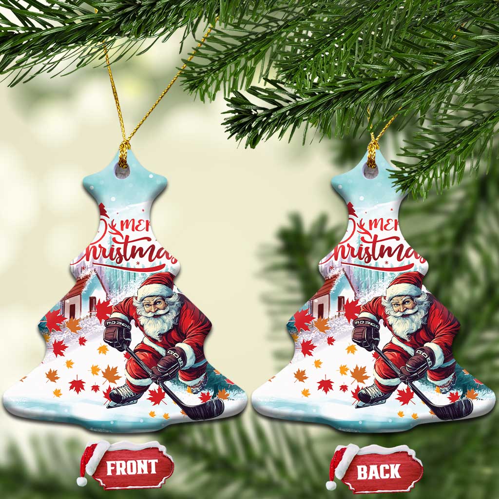 Christmas tree-shaped ceramic Christmas ornament with Santa playing hockey, “Merry Christmas”