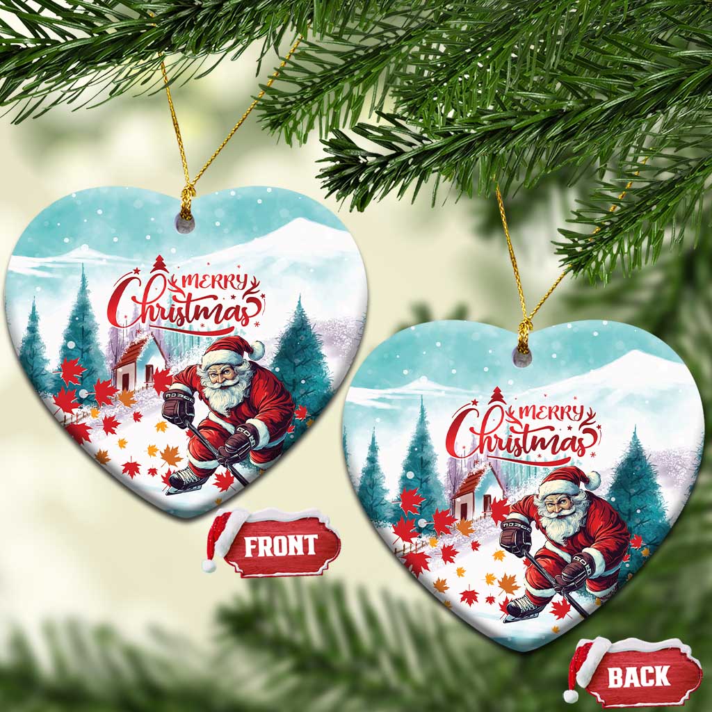 Heart-shaped ceramic Christmas ornament with Santa playing hockey, “Merry Christmas”
